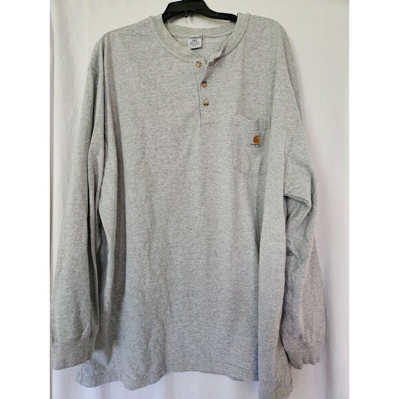 Carhartt T Shirt Mens Adult LARGE Gray Henley Long Sleeve Crew Neck Pocket - Picture 1 of 6